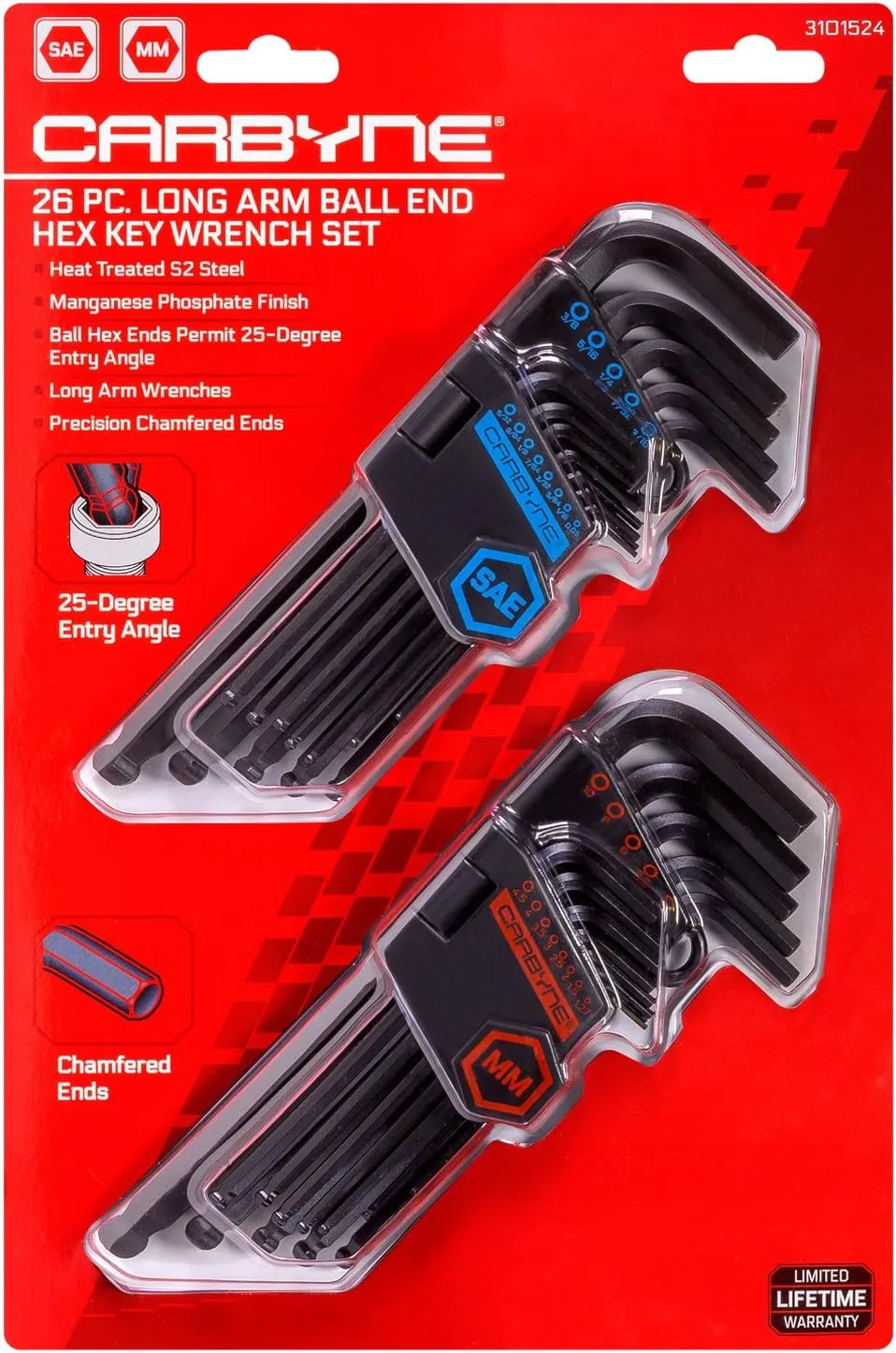 Carbyne 26-Piece Long Arm Ball End Allen Key Wrench Set, Inch/Metric. Includes Metric Hex 1.27mm-10mm, SAE Hex 0.05"-3/8". Heat Treated S2 Steel