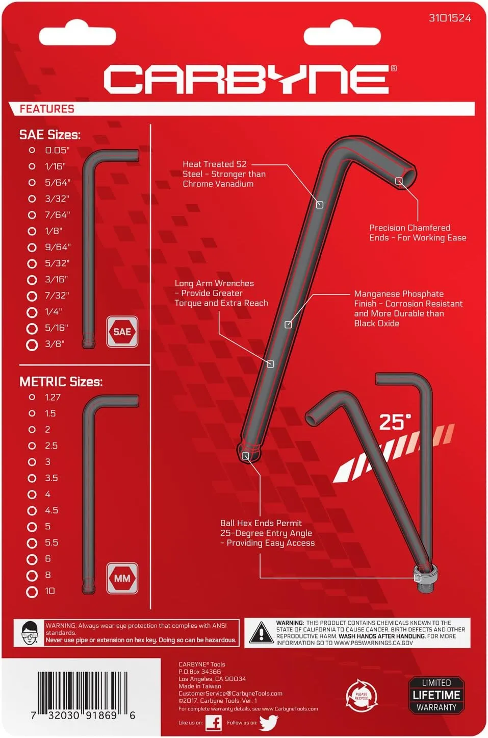Carbyne 26-Piece Long Arm Ball End Allen Key Wrench Set, Inch/Metric. Includes Metric Hex 1.27mm-10mm, SAE Hex 0.05"-3/8". Heat Treated S2 Steel