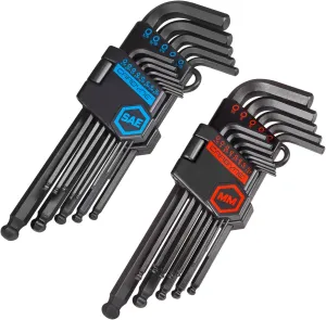 Carbyne 26-Piece Long Arm Ball End Allen Key Wrench Set, Inch/Metric. Includes Metric Hex 1.27mm-10mm, SAE Hex 0.05"-3/8". Heat Treated S2 Steel