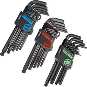 Carbyne 35-Piece Long Arm Ball End Allen Key Wrench Set, Inch/Metric/Torx. Includes Metric Hex 1.27mm-10mm, SAE Hex 0.05"-3/8", Torx T10-T50. Heat Treated S2 Steel