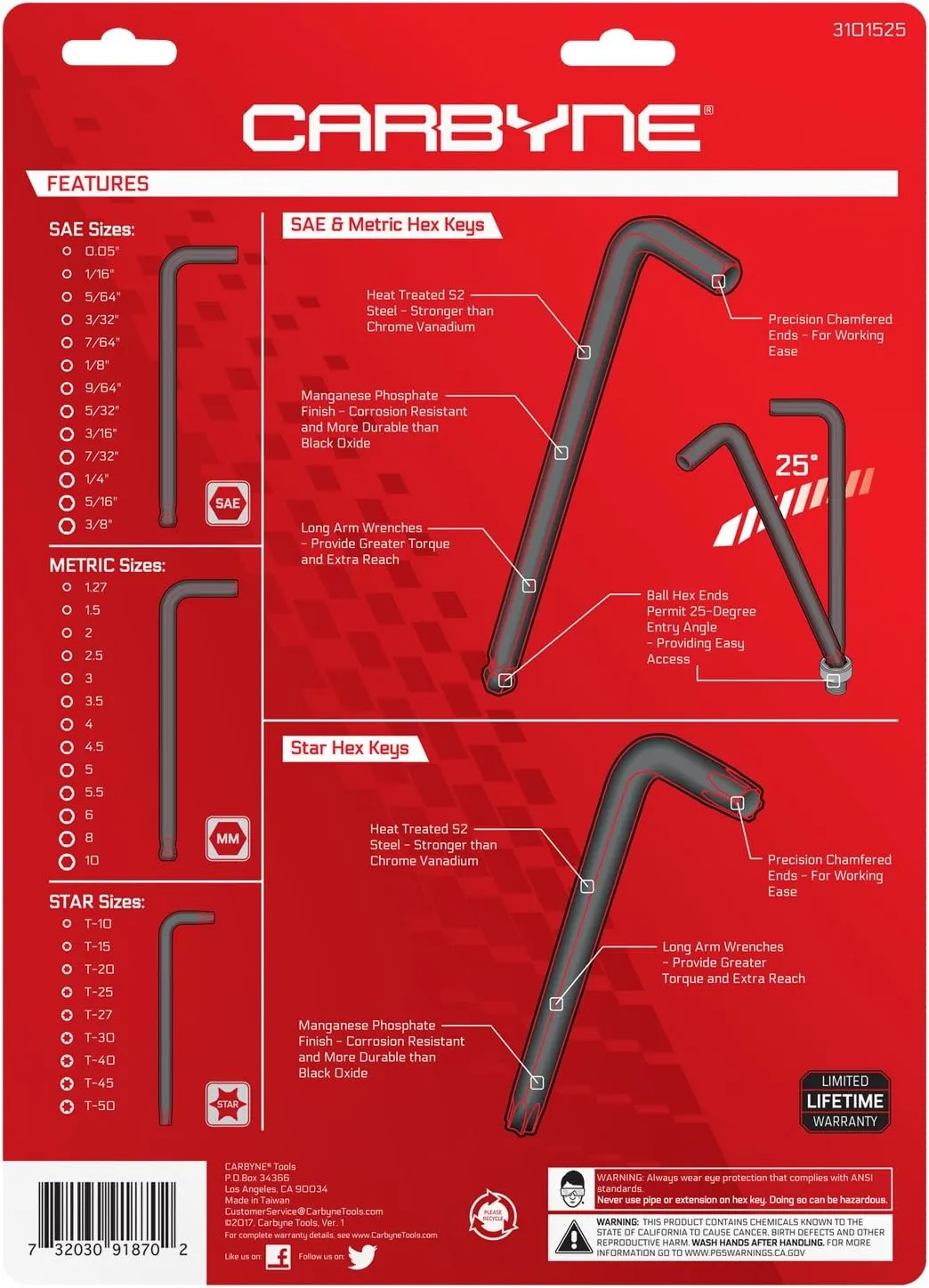 Carbyne 35-Piece Long Arm Ball End Allen Key Wrench Set, Inch/Metric/Torx. Includes Metric Hex 1.27mm-10mm, SAE Hex 0.05"-3/8", Torx T10-T50. Heat Treated S2 Steel