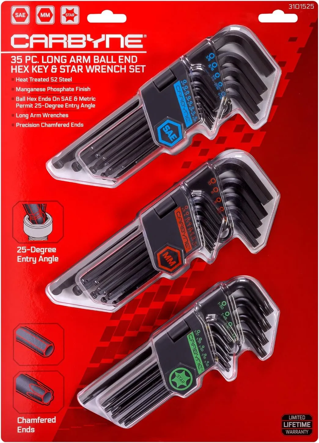 Carbyne 35-Piece Long Arm Ball End Allen Key Wrench Set, Inch/Metric/Torx. Includes Metric Hex 1.27mm-10mm, SAE Hex 0.05"-3/8", Torx T10-T50. Heat Treated S2 Steel