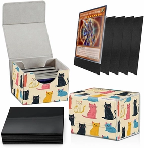 Card Deck Box Plus 100 Counts Black Card Sleeves, Colourful Cats for Collectible MTG TCG CCG Card Storage Box Horizontal Holds 100  Single Sleeved Cards, Magic Game Cards Organizer