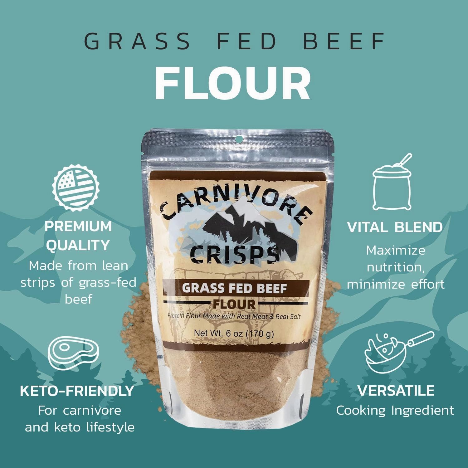 Carnivore CrispsGrass-Fed and Finished Beef Flour, Premium Beef flour for Cooking and Seasoning, Rich in Protein, Paleo & Keto Friendly, 6 oz
