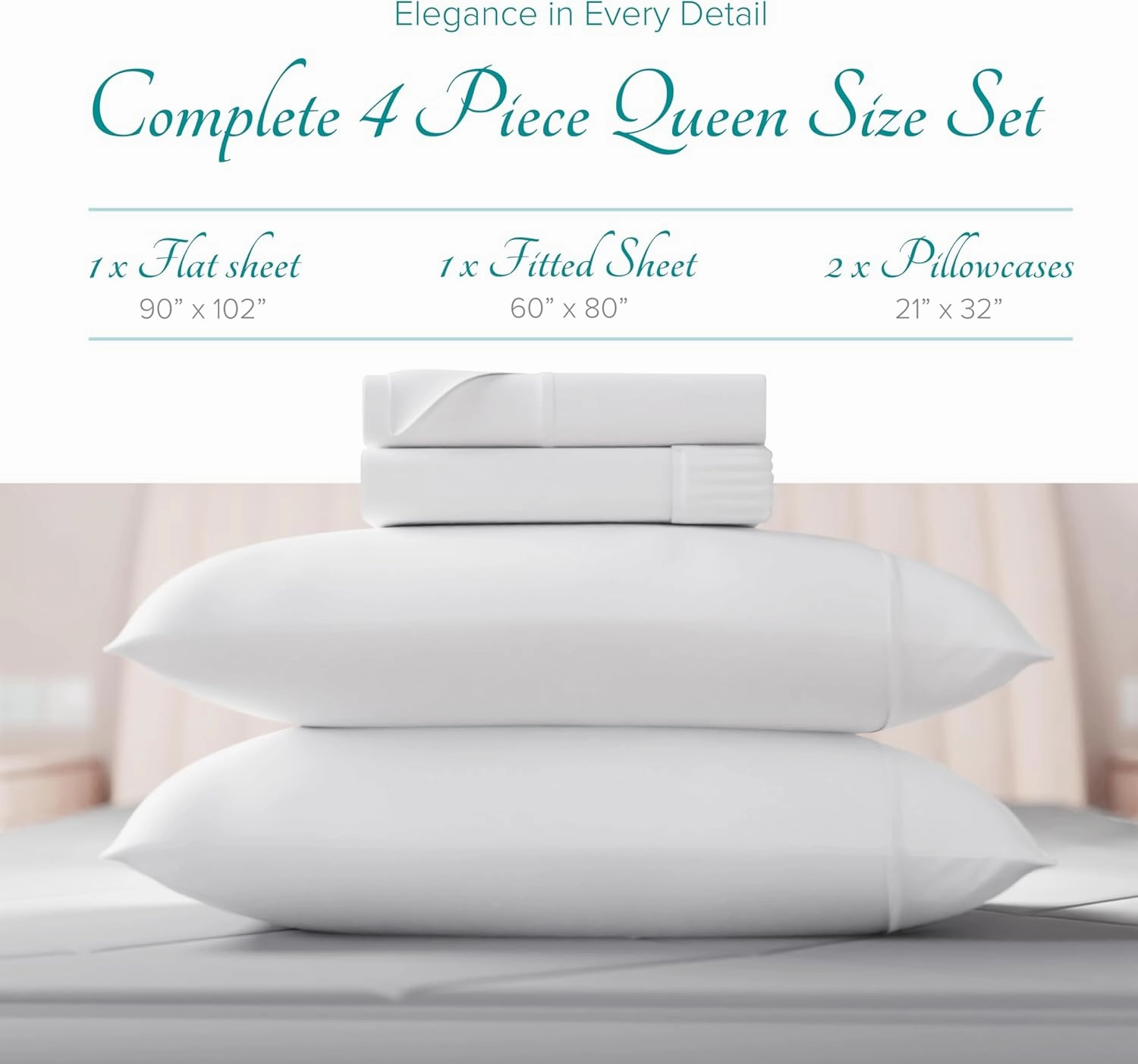 Carressa Linen 100% Egyptian Cotton Sheets Queen Size Bed Set - 4 PC 800 High Thread Count Egyptian Cotton Queen Sheet Set (White) Soft, Cooling, 16" Deep Pocket Sateen Weave Luxury Hotel Bedsheet