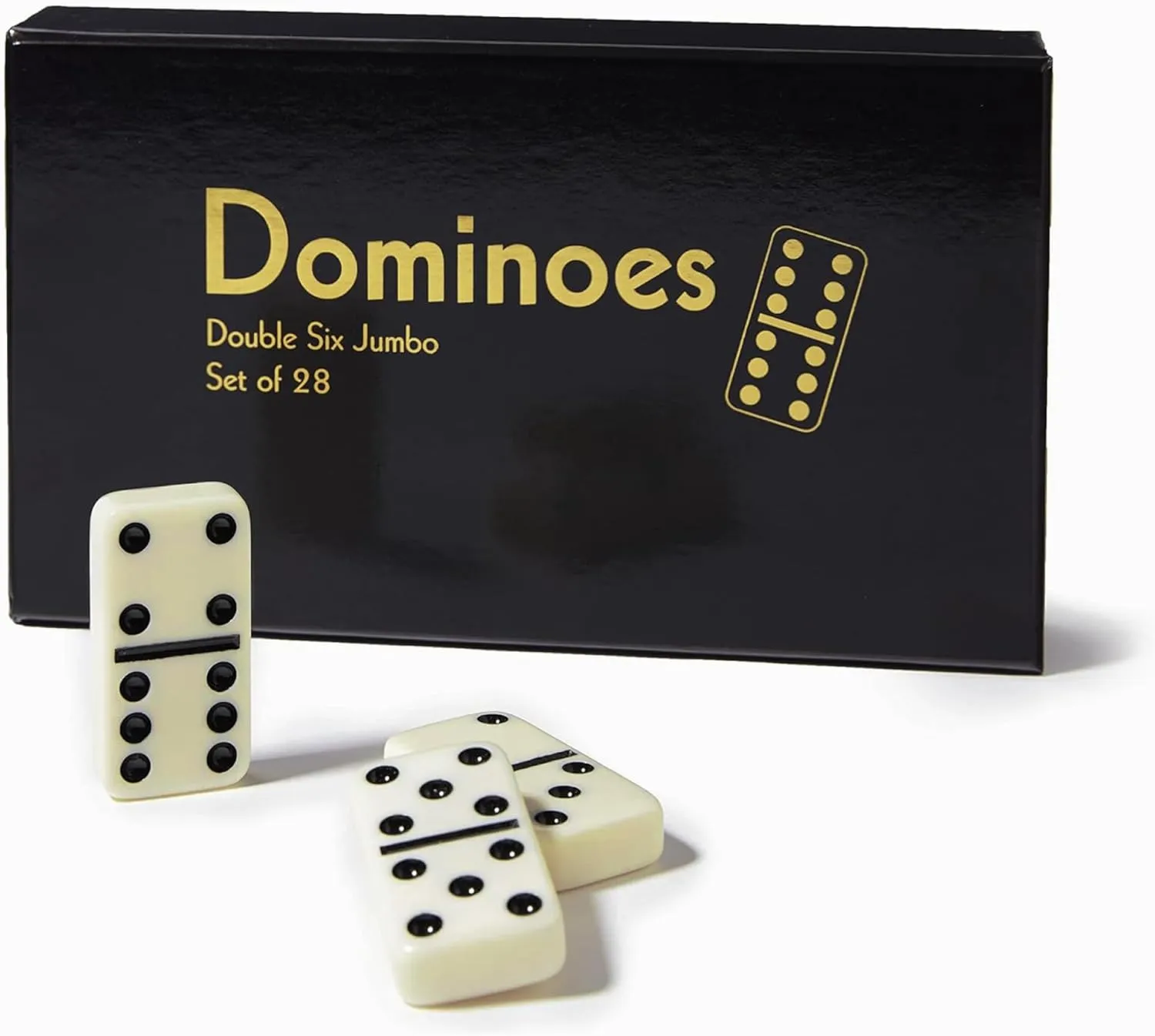 CHH Black/Cream Color Double 6 Jumbo Size Domino Tiles – Premium Set of 28 Ivory Dominoes – Classic Family Game in Cardboard Box