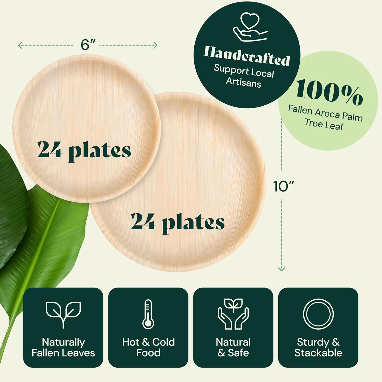 Chic Leaf Palm Leaf Disposable Bamboo Plates - Round Party Plates for Weddings, Parties, Event Appetizers - Biodegradable & Compostable - Party Supplies (10" & 6", 48 Pack)