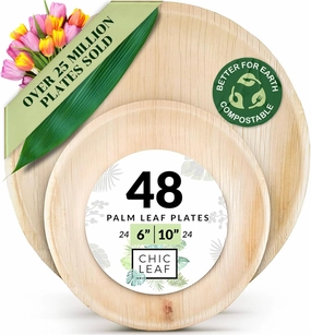 Chic Leaf Palm Leaf Disposable Bamboo Plates - Round Party Plates for Weddings, Parties, Event Appetizers - Biodegradable & Compostable - Party Supplies (10" & 6", 48 Pack)