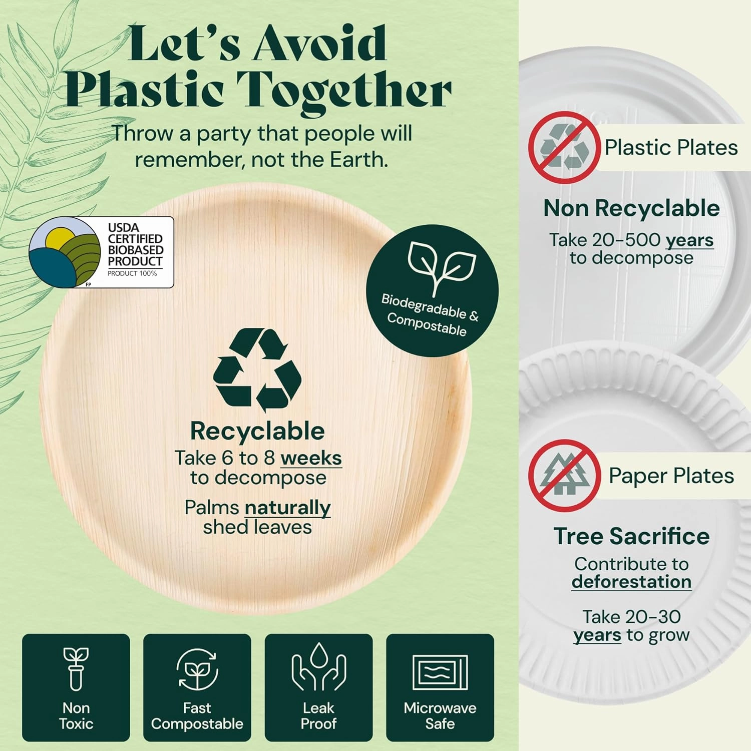Chic Leaf Palm Leaf Disposable Bamboo Plates - Round Party Plates for Weddings, Parties, Event Appetizers - Biodegradable & Compostable - Party Supplies (10" & 6", 48 Pack)