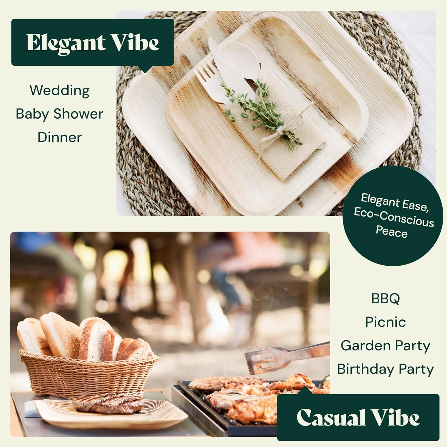 Chic Leaf Palm Leaf Disposable Bamboo Plates - Round Party Plates for Weddings, Parties, Event Appetizers - Biodegradable & Compostable - Party Supplies (10" & 6", 48 Pack)