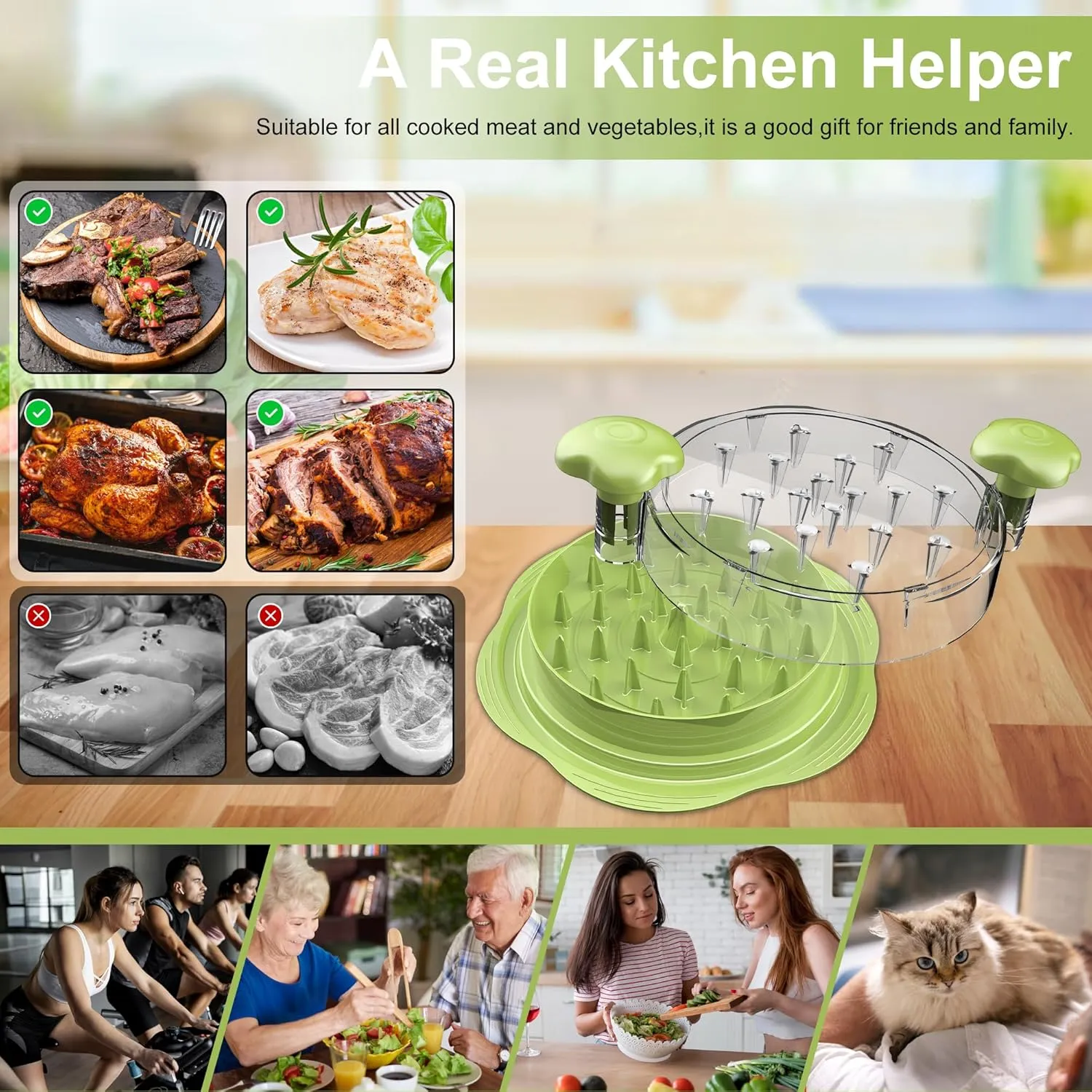 Chicken Shredder Large Chicken Breast Shredder Tool Twist with Brush&Fork, Visible Meat Shredder Machine, Anti-Slip Strip, Ergonomic Handle, BPA Free, Pork Beef Chicken(Matcha)
