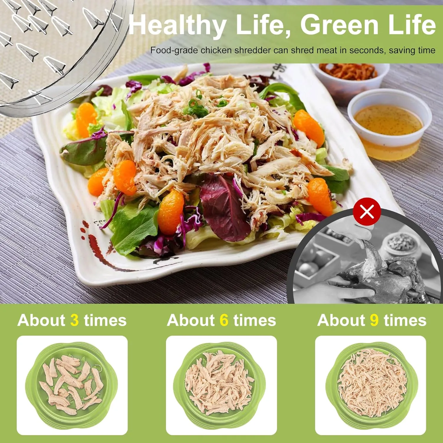 Chicken Shredder Large Chicken Breast Shredder Tool Twist with Brush&Fork, Visible Meat Shredder Machine, Anti-Slip Strip, Ergonomic Handle, BPA Free, Pork Beef Chicken(Matcha)