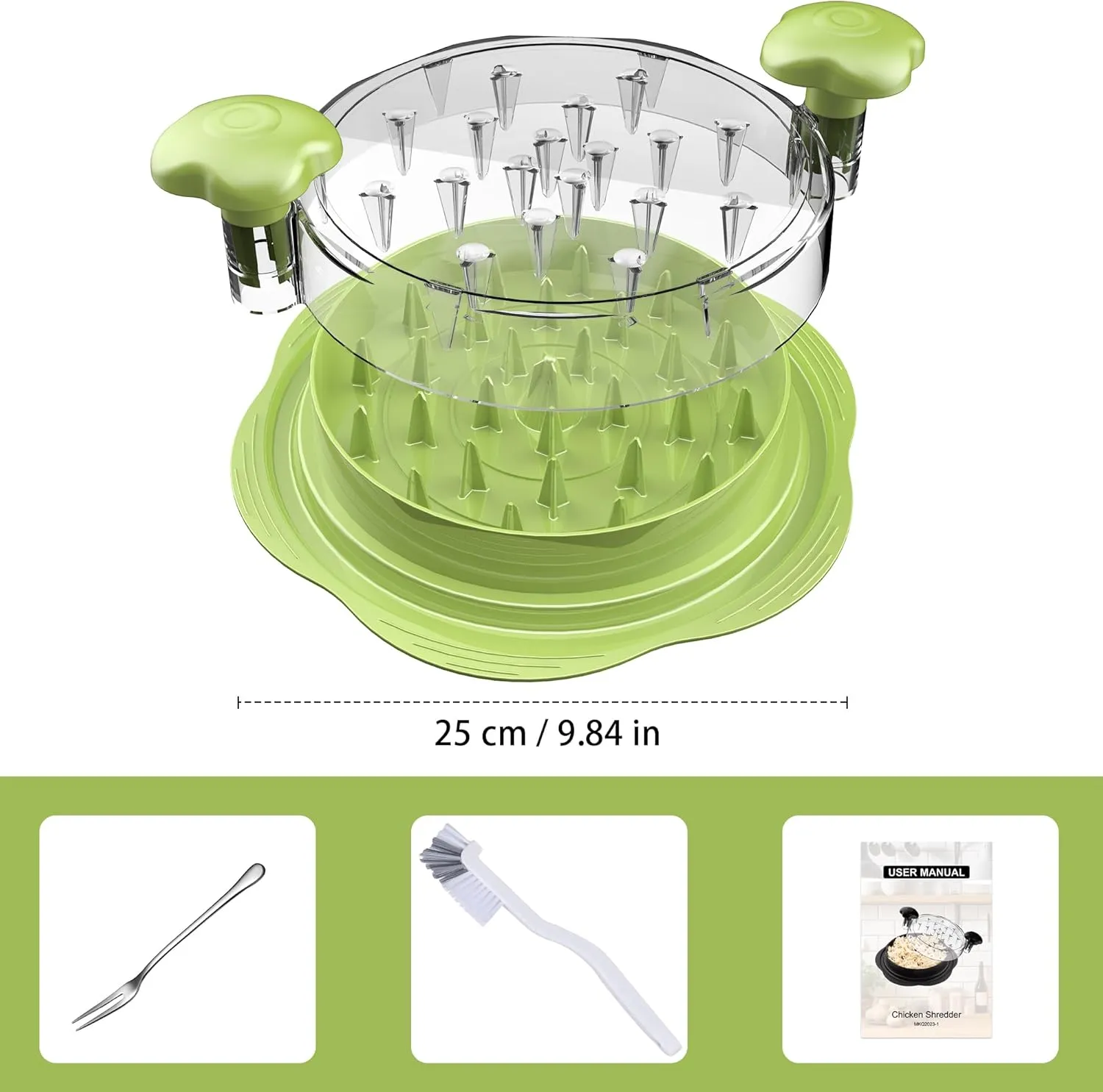 Chicken Shredder Large Chicken Breast Shredder Tool Twist with Brush&Fork, Visible Meat Shredder Machine, Anti-Slip Strip, Ergonomic Handle, BPA Free, Pork Beef Chicken(Matcha)