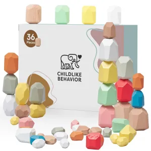CHILDLIKE BEHAVIOR 36-Piece Wooden Stacking Rocks Game for Toddlers - Montessori Sensory Toy - Develops Motor Skills, Creativity, and Logical Thinking - Ideal Family Interactive Fun - Stacking Toys