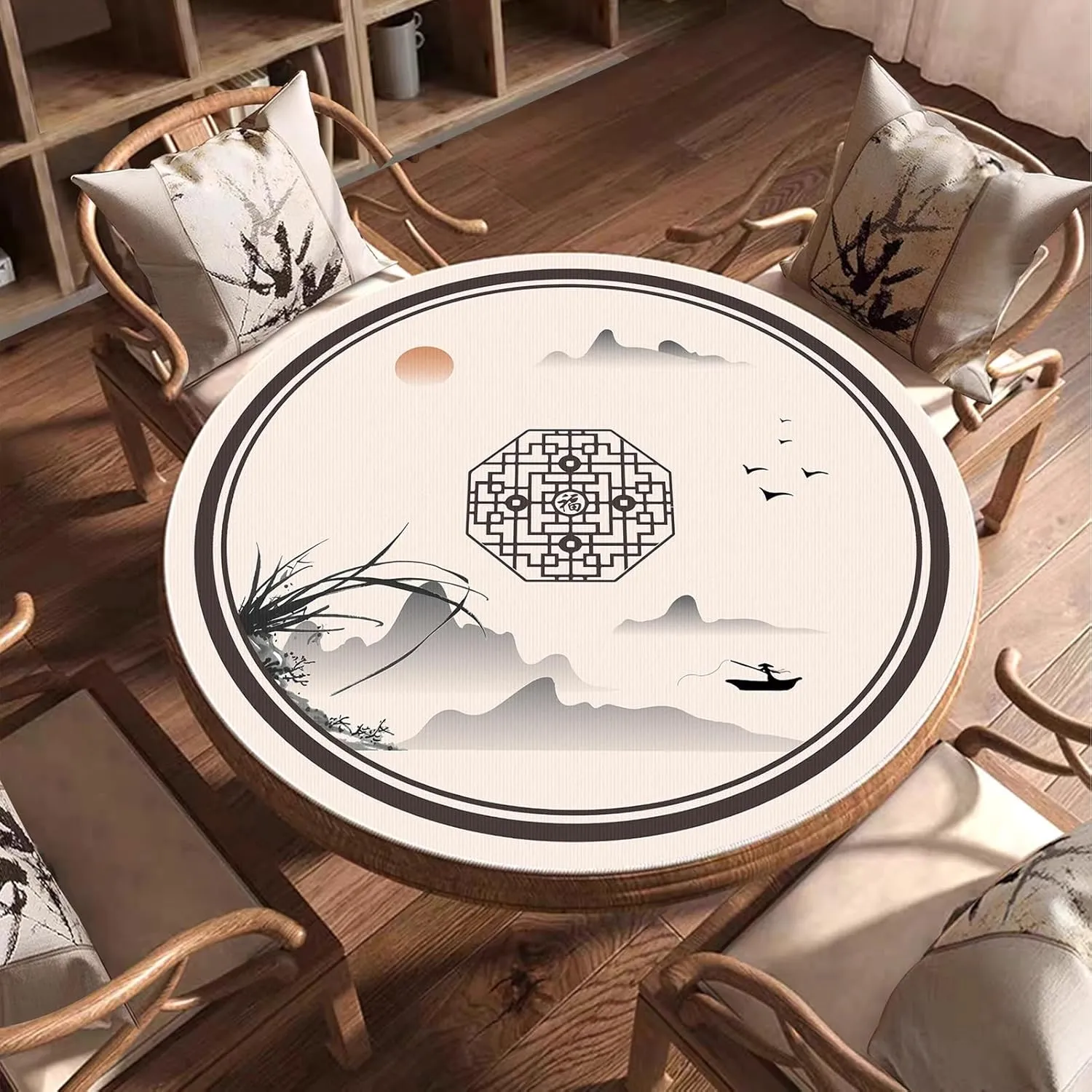 Chinese Printed Mahjong Table mat with Storage Bag, Anti Slip Noise Reduction Round Table Cover, Velvet Board Game Mat(Beige,55.12x55.12 in)