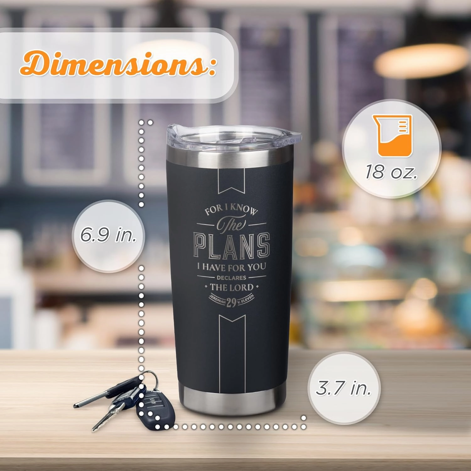 Christian Art Gifts Large Stainless Steel Inspirational Travel Tumbler for Men & Women: Know the Plans Encouraging Bible Verse, Engraved Double Wall Vacuum Insulated, Lid, 24hr Hot/Cold, Black, 18 oz.