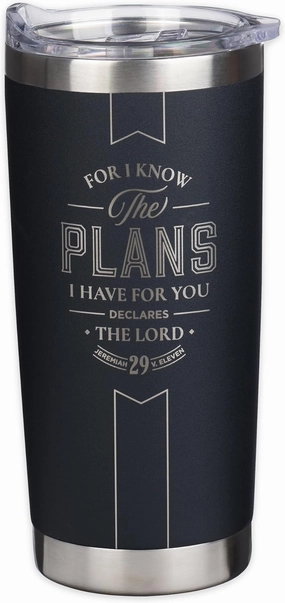Christian Art Gifts Large Stainless Steel Inspirational Travel Tumbler for Men & Women: Know the Plans Encouraging Bible Verse, Engraved Double Wall Vacuum Insulated, Lid, 24hr Hot/Cold, Black, 18 oz.