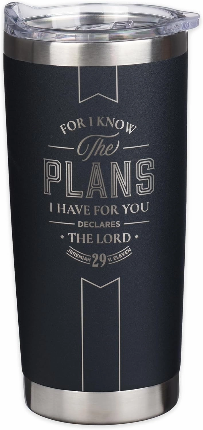 Christian Art Gifts Large Stainless Steel Inspirational Travel Tumbler for Men & Women: Know the Plans Encouraging Bible Verse, Engraved Double Wall Vacuum Insulated, Lid, 24hr Hot/Cold, Black, 18 oz.
