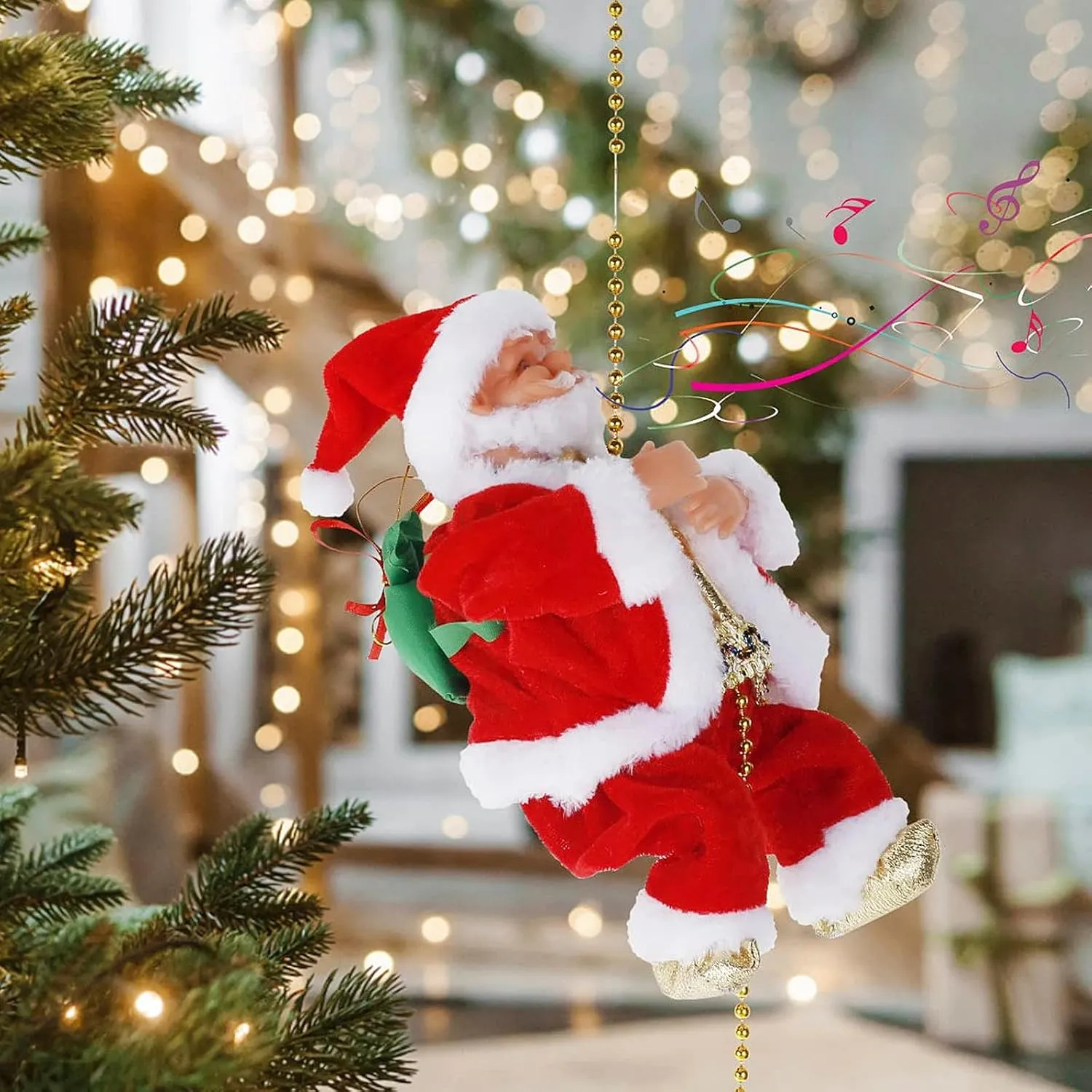 Christmas Decorations Battery Operated Climbing Santa Claus Climbs Up and Down with Music Musical Climbing Rope Climbing Santa Claus Doll Toy for Home Party Wall Tree Holiday Decoration