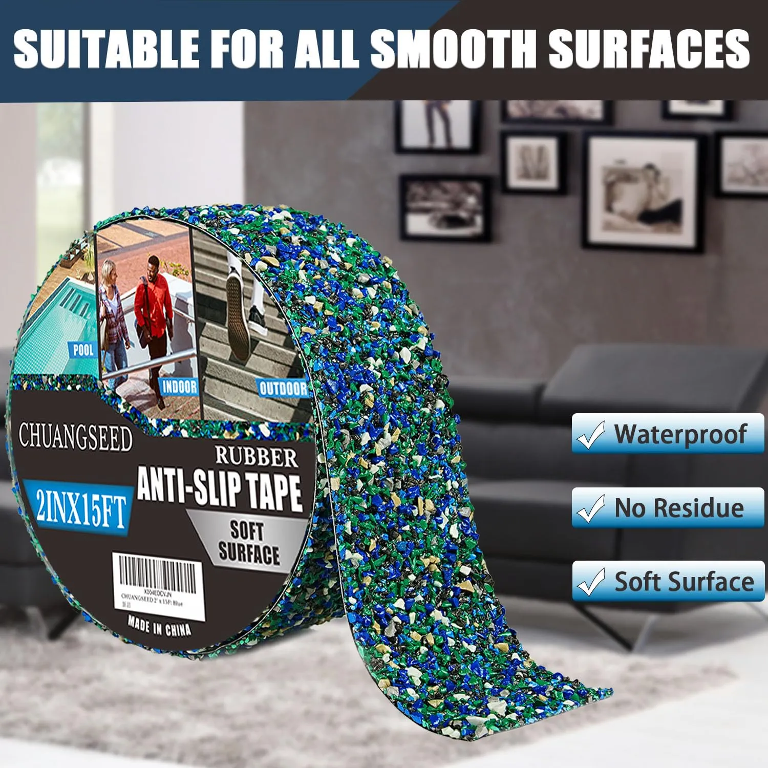 CHUANGSEED Pool Rubber Blue Anti Slip Tape 2 inch x 15feet Outdoor/Indoor Use,Waterproof, Safety Non-Slip Tape for Stair Tread Traction,Tubs,Boats,Trail,Soft