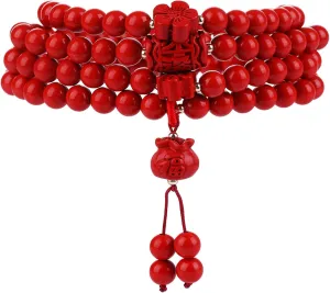 Cinnabar Crystal Feng Shui Bracelet 108 Mala Beads Red Cinnabar Money Bag Pendant Longevity Wealth Quartz Bracelet Chakra Gem Calabash Bangle Strong Talisman Prosperity