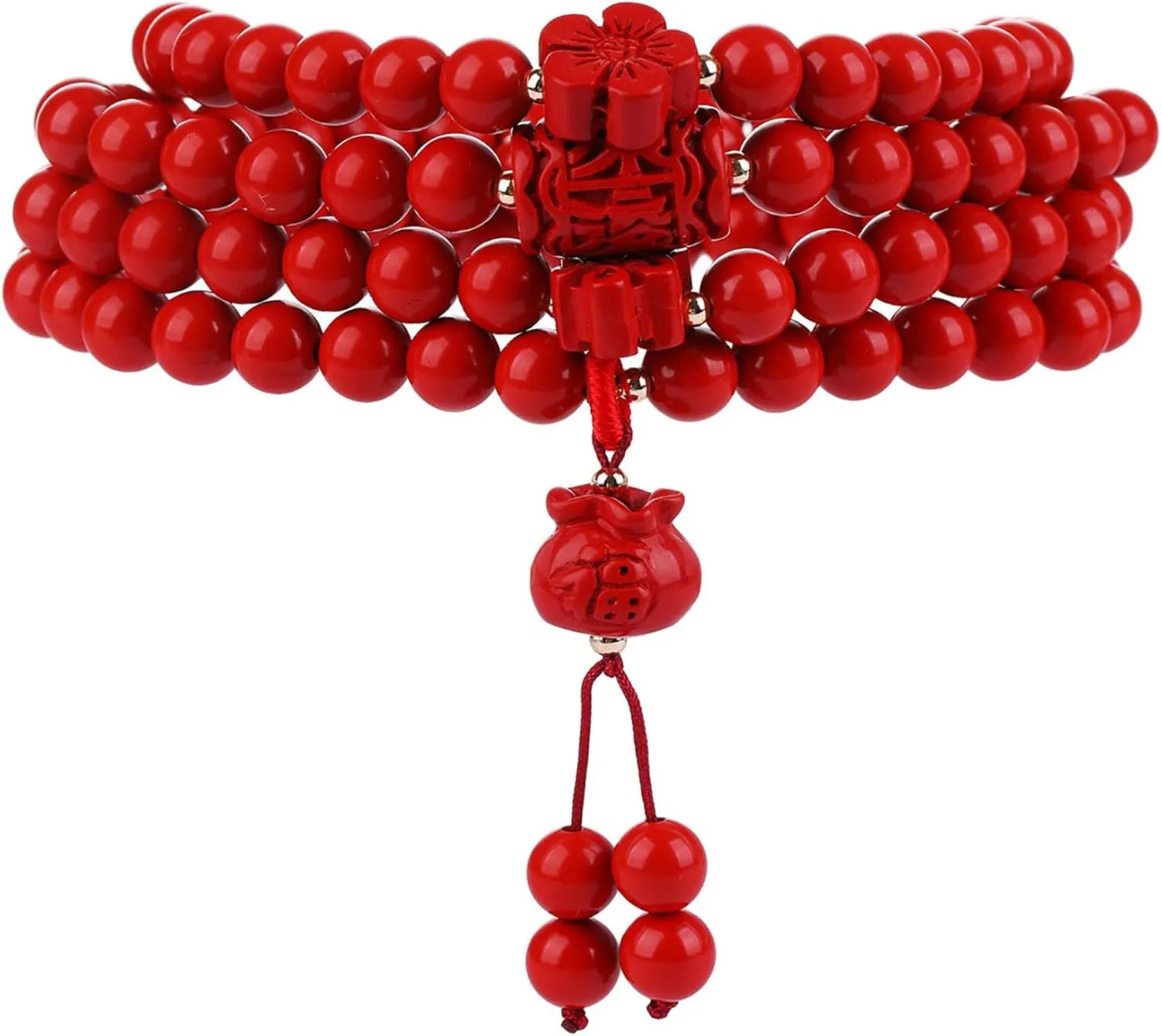 Cinnabar Crystal Feng Shui Bracelet 108 Mala Beads Red Cinnabar Money Bag Pendant Longevity Wealth Quartz Bracelet Chakra Gem Calabash Bangle Strong Talisman Prosperity