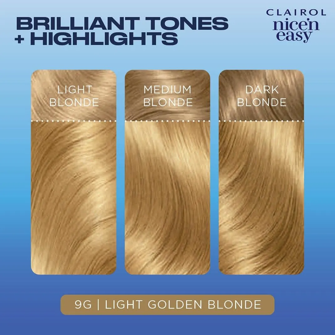 Clairol Nice'n Easy Permanent Hair Dye, 9G Light Golden Blonde Hair Color, Pack of 3
