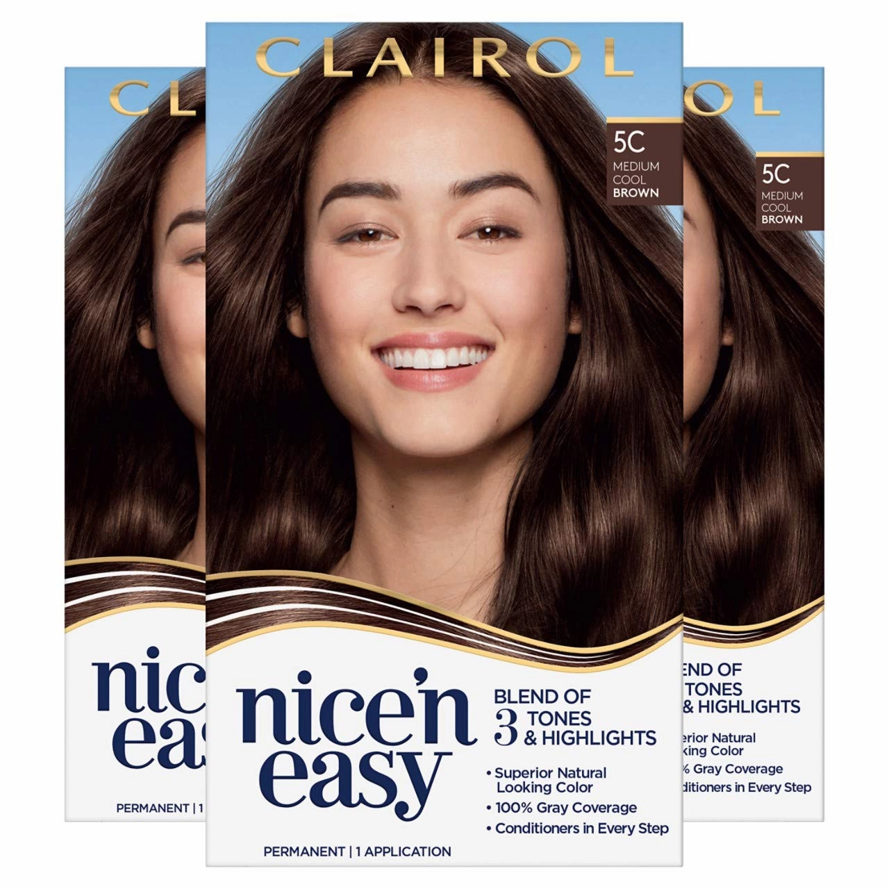 Clairol Nice 'n Easy Permanent Hair Color, 5C Medium Cool Brown, Pack of 3 Allergy Gentle Single-Step Hair Dye, Conditioners, Natural-Looking Color, Salon Highlights, Grey Coverage