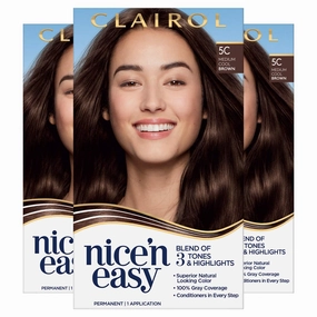 Clairol Nice 'n Easy Permanent Hair Color, 5C Medium Cool Brown, Pack of 3 Allergy Gentle Single-Step Hair Dye, Conditioners, Natural-Looking Color, Salon Highlights, Grey Coverage