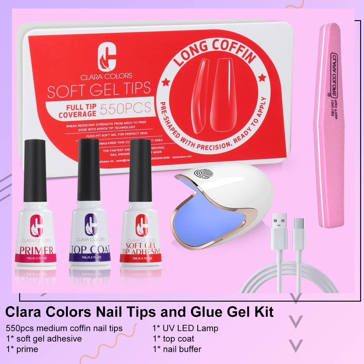 Clara Colors 550pcs Long Coffin Full Tip Coverage Clear Acrylic Artificial False Soft Gel Nail Tips Full Kit with Primer, Base Adhesive, Top Coat, UV Lamp, and Buffer