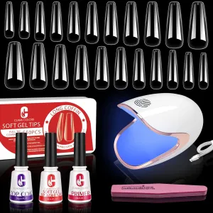 Clara Colors 550pcs Long Coffin Full Tip Coverage Clear Acrylic Artificial False Soft Gel Nail Tips Full Kit with Primer, Base Adhesive, Top Coat, UV Lamp, and Buffer