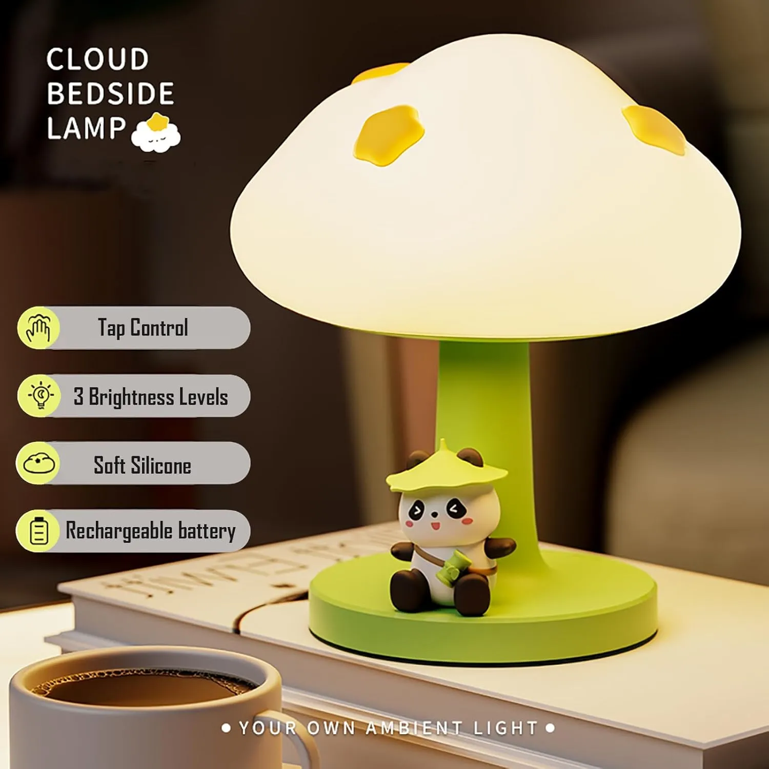 Cloud and Panda Rechargeable Night Light, Safe Soft Silicone Material, 3 Brightness Levels, Tap Control, Warm Light, Toddler Sleeping Lamp, Bedroom Night Lamp, Gift for Baby and Kid (Cloud and Panda)