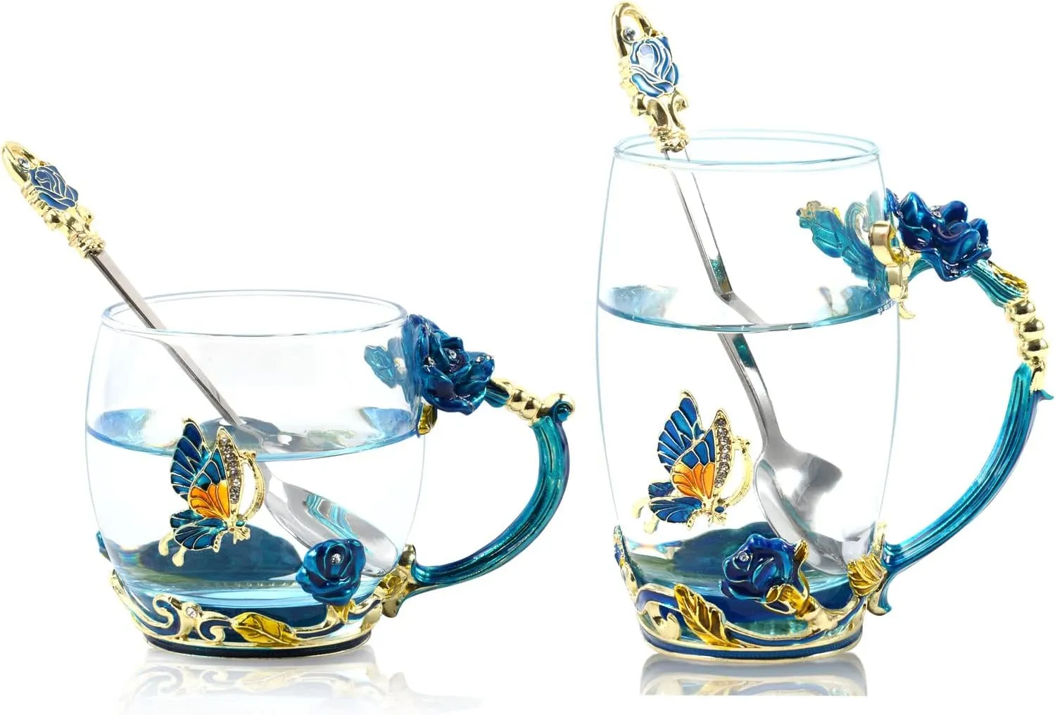Coffee Cup Tea Mug with Spoon Set Handmade Enamel Butterfly Flower for Women (2 Pack)