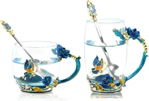 Coffee Cup Tea Mug with Spoon Set Handmade Enamel Butterfly Flower for Women (2 Pack)