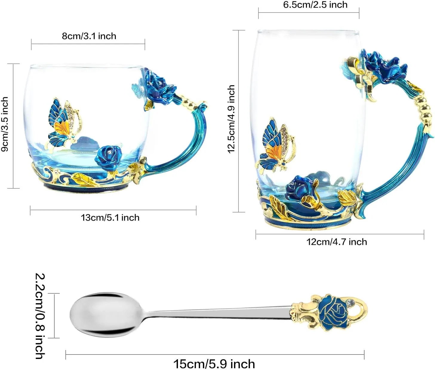 Coffee Cup Tea Mug with Spoon Set Handmade Enamel Butterfly Flower for Women (2 Pack)