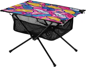 Colorful Beach Pattern Portable Folding Camping Table, Compact Lightweight Beach Table with Carrying Bag for Outdoor Picnics, BBQs, Camp