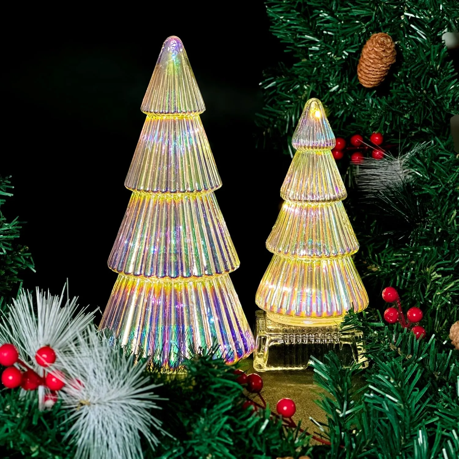 Colorful Mercury Glass Christmas Tree with Timer, Fairy Lights, Battery Powered Glass Xmas Tree Mantel Entryway Window Home Decoration, 8 Inches