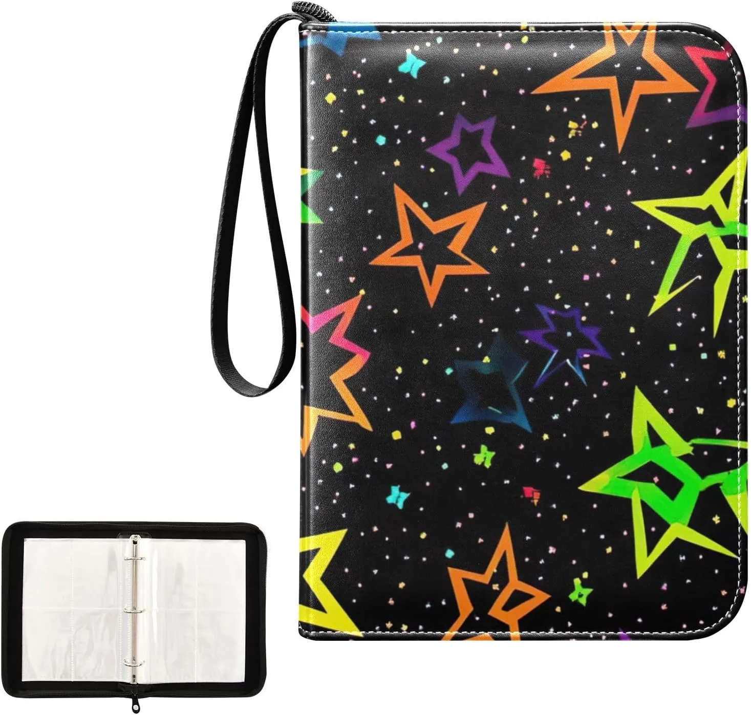 Colorful Stars Black Card Binder Collection Case Book Fits 400 Cards With 50 Removable Sleeves Fits for Most Standard Size Cards