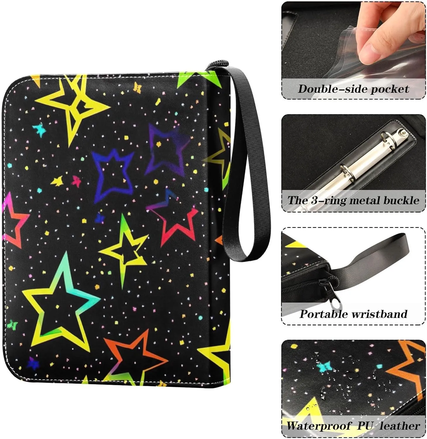Colorful Stars Black Card Binder Collection Case Book Fits 400 Cards With 50 Removable Sleeves Fits for Most Standard Size Cards