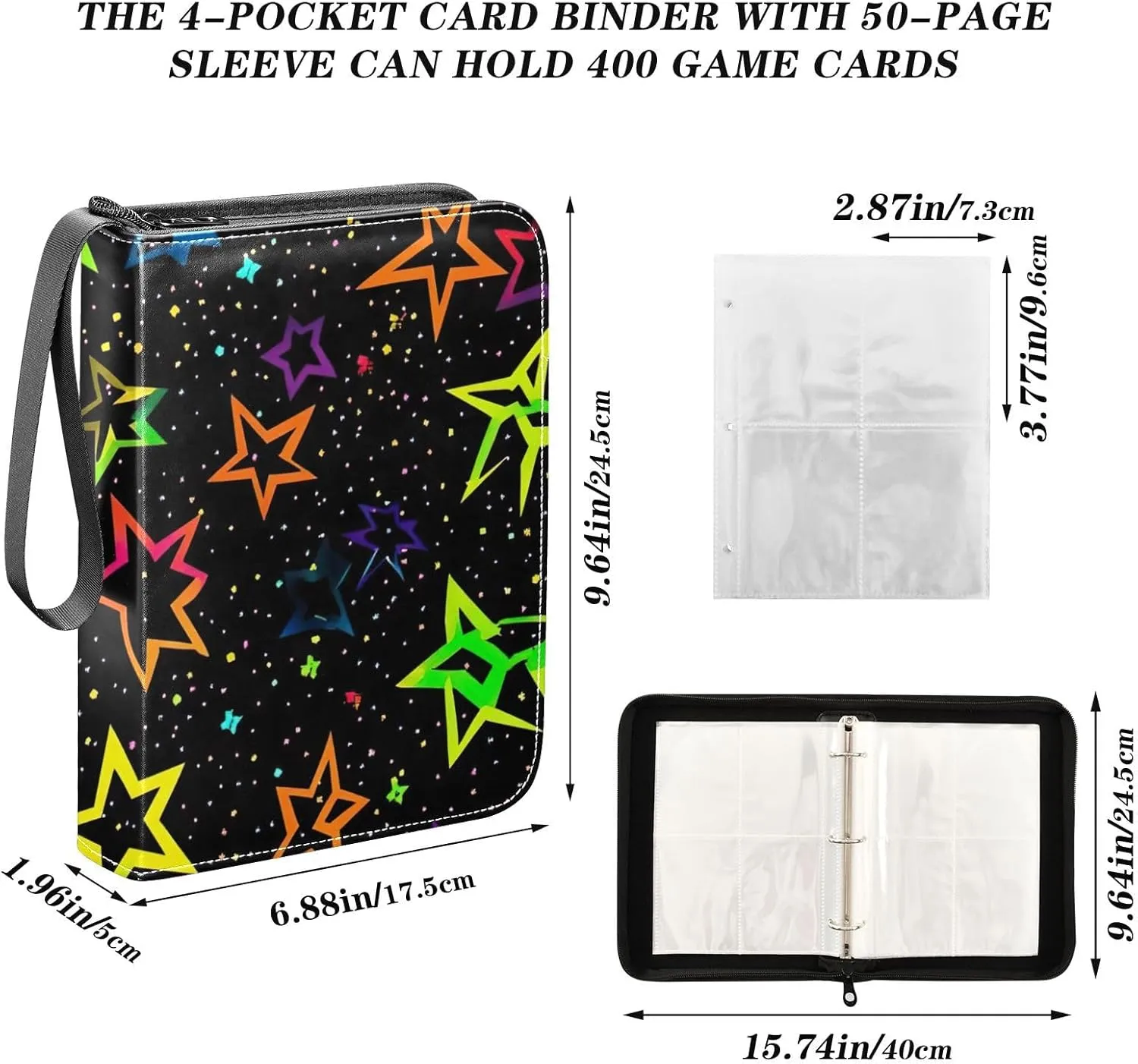 Colorful Stars Black Card Binder Collection Case Book Fits 400 Cards With 50 Removable Sleeves Fits for Most Standard Size Cards