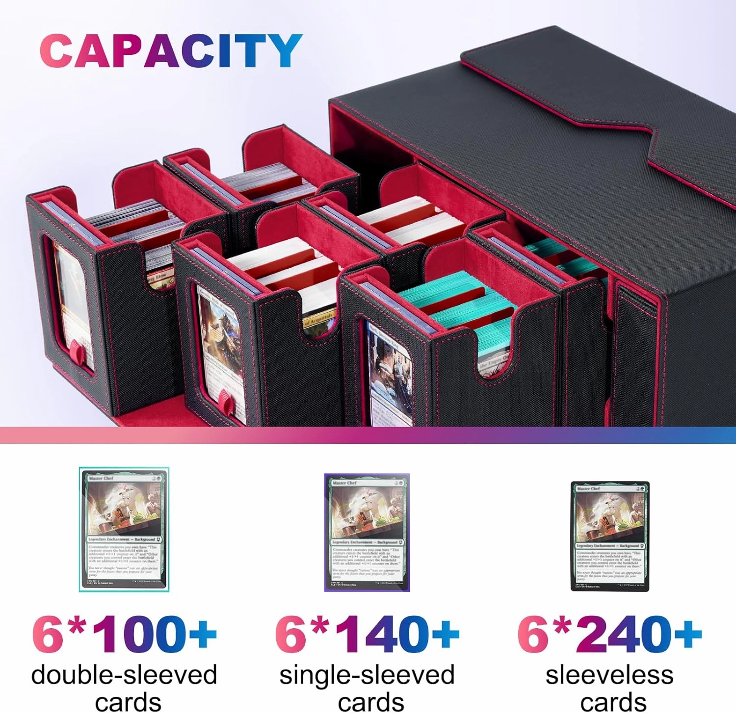 Commander Deck Box for MTG, 6-Deck Modular Card Case with Dice Tray Holds 600  Double-sleeved Cards, Removable Trading Cards Storage Box with 35PT Magnetic Card Holders for TCG, Black Red