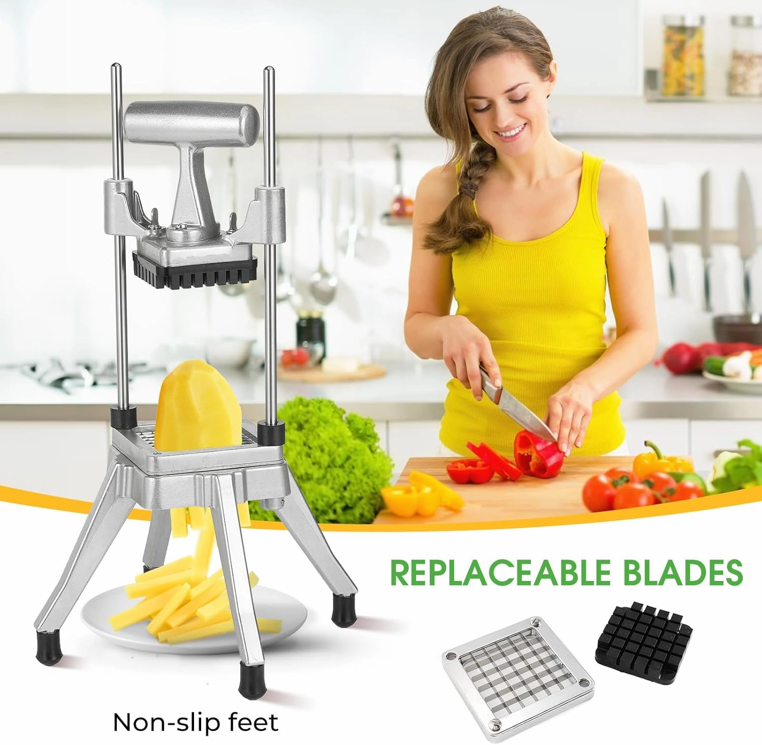 Commercial Vegetable Chopper - Heavy Duty Stainless Steel Dicer Cutter for Onions, Fruits, Vegetables; Ideal for French Fry, Tomato, Peppers, Potato (1IN1, 1/2'')