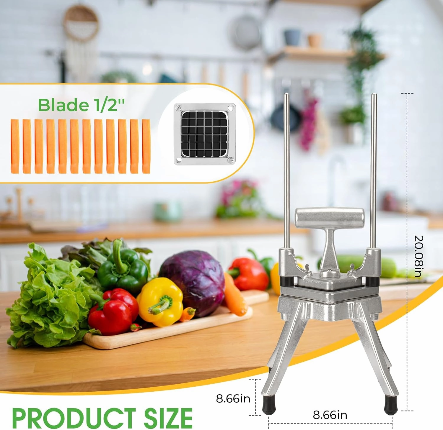 Commercial Vegetable Chopper - Heavy Duty Stainless Steel Dicer Cutter for Onions, Fruits, Vegetables; Ideal for French Fry, Tomato, Peppers, Potato (1IN1, 1/2'')