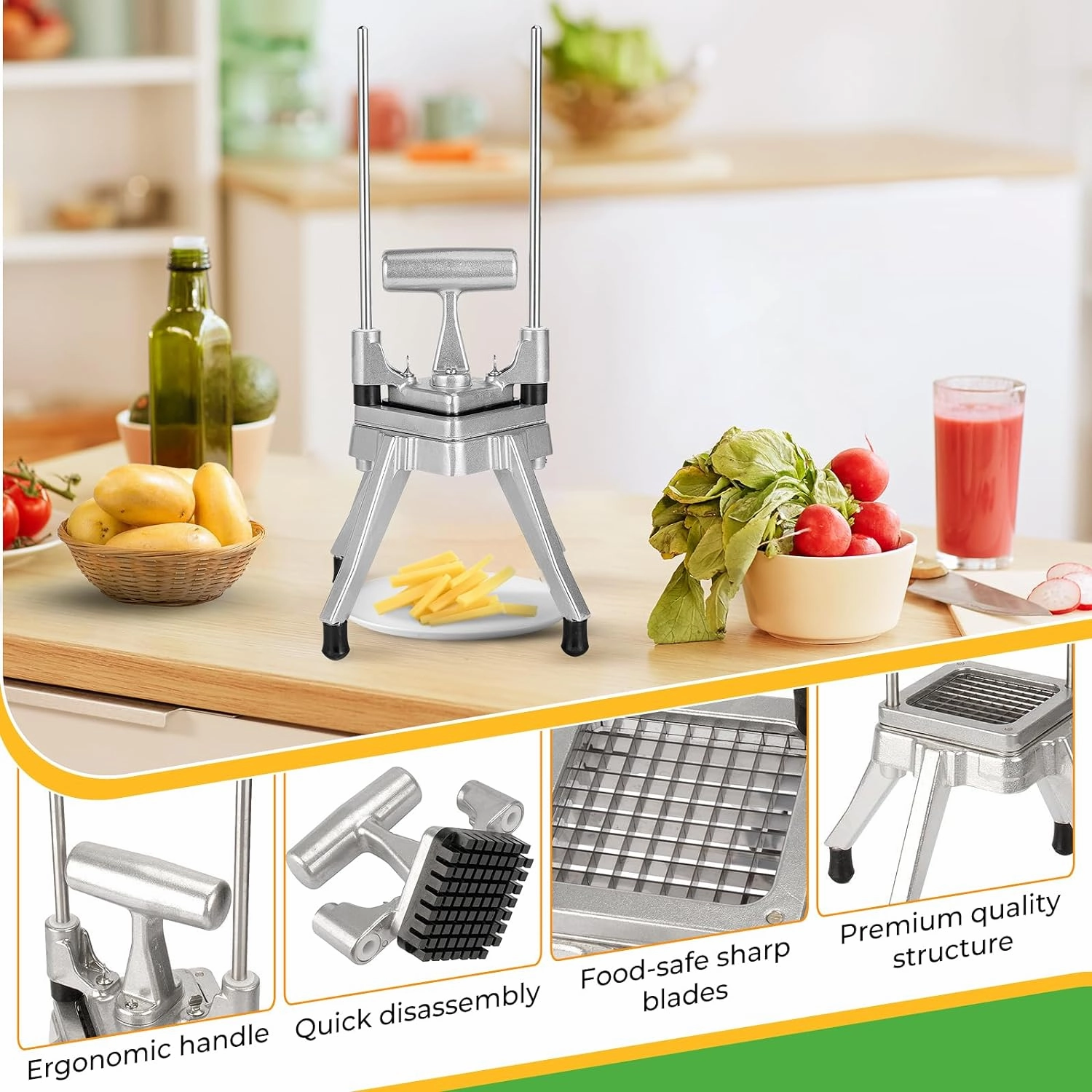 Commercial Vegetable Chopper - Heavy Duty Stainless Steel Dicer Cutter for Onions, Fruits, Vegetables; Ideal for French Fry, Tomato, Peppers, Potato (1IN1, 1/2'')