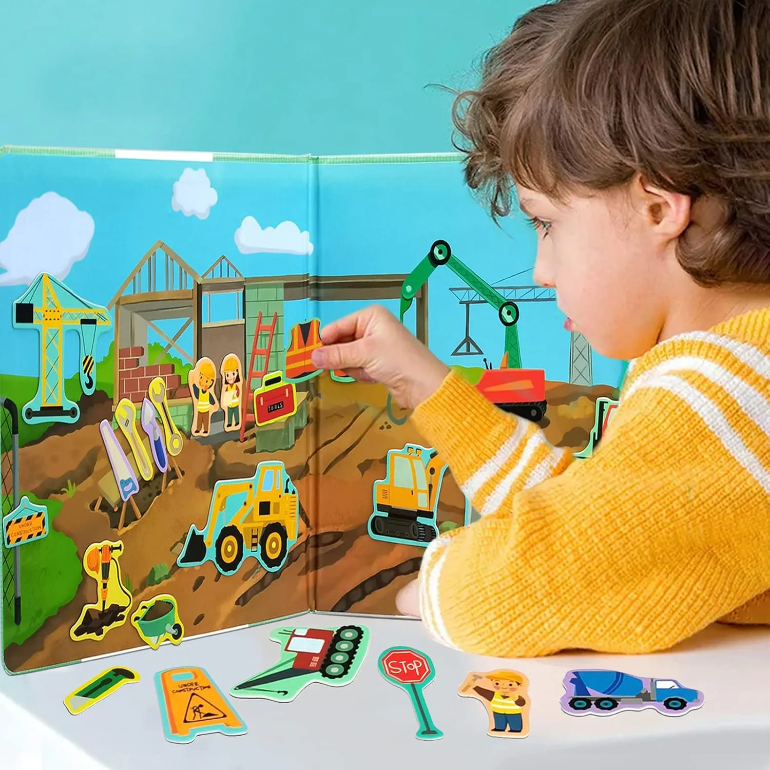 Construction Site Fridge Magnets for Toddlers, 50 PCS Refrigerator Magnets for Kids, Create a Scene Magnetic Play Sticker Book Travel Game Educational Toys for Kids