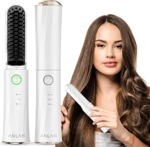 Cordless Hair Straightener Brush, ANLAN Portable Straightening Brush for Travel, Mini Hot Ionic Straightener Comb for Women, Rechargeable & Travel-Friendly for All Hair Textures, White