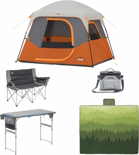 CORE 4 Person Straight Wall Cabin Tent Bundle with Camp Table, Loveseat, Blanket, and Cooler