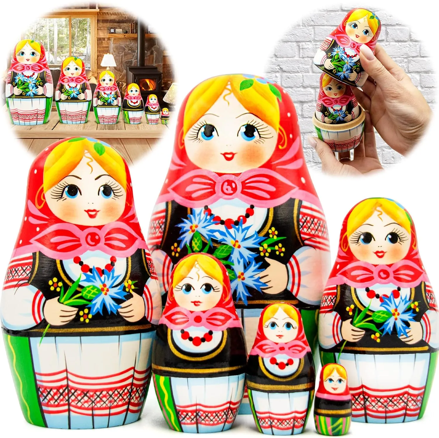 Cornflowers Russian Nesting Dolls Set 6 pcs - Matryoshka Doll in Belorussian Sarafan - Russian Dolls Nesting Dolls - Babushka Dolls