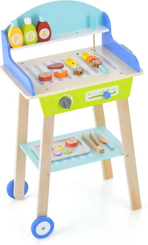 Costzon Kids Barbecue Grill Playset, Wooden Pretend Cooking Truck with 21 Play Food & Barbecue Accessories, Role Play BBQ Toy Set, Interactive Little Chef Cooking Play Stand for Girls & Boys Age 3 
