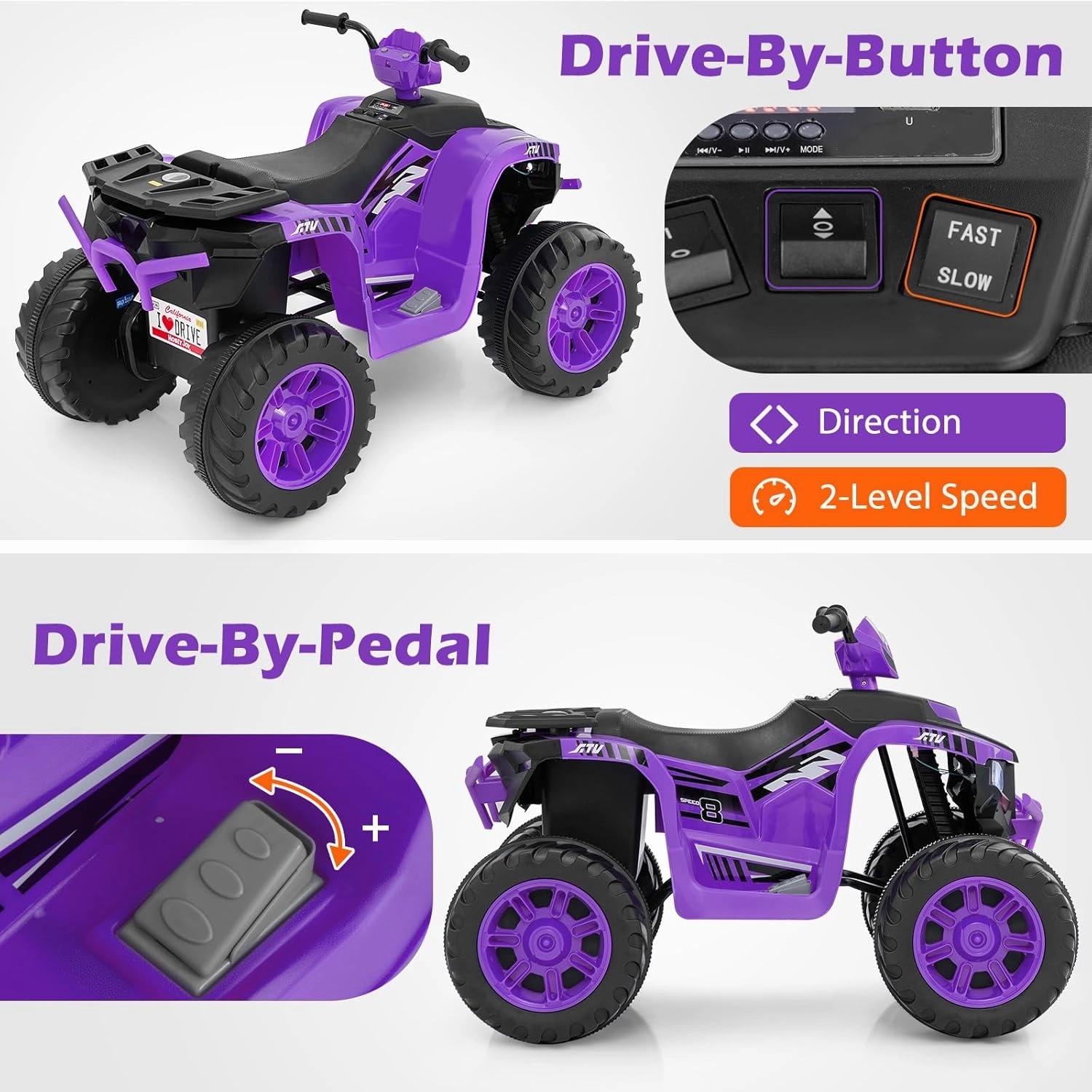 Costzon Kids ATV, 24V Four Wheeler Quad Ride on Car w/Forward/Backward, 2 Speeds, Wireless Connection, Music, Radio, LED Lights, Electric Vehicle Toddler 4 Wheeler for Kids, Boys & Girls 3-8 (Purple)